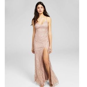 CITY STUDIO Pink Sheer Front Slit Lined Spaghetti Strap V Neck Full-Length Gown